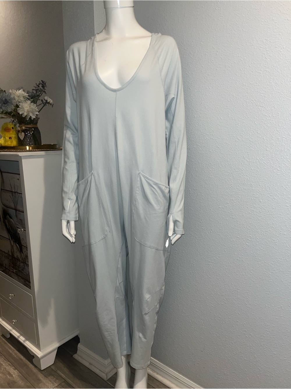Free people arctic snow, light, blue Casual V-Neck hooded Jumpsuit Small
